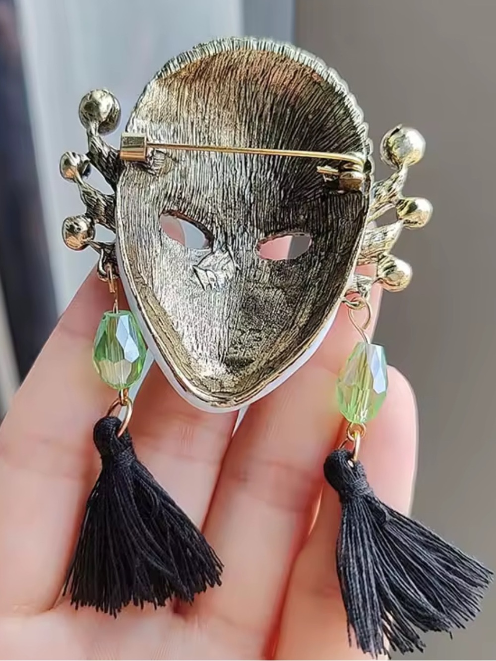 Anthropologie Crystal Masquerade Mask Brooch - Black, White & Green - Picture 8 of 9